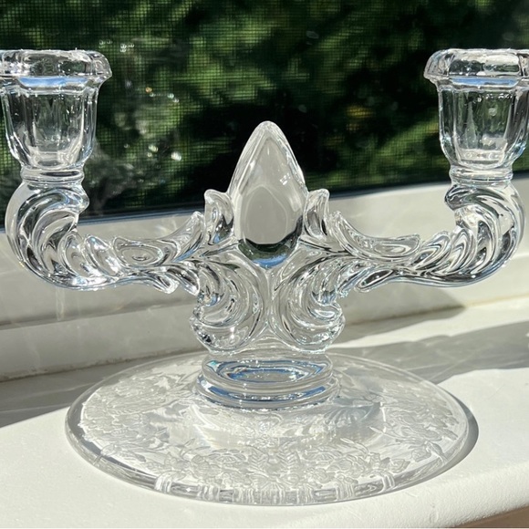 Vintage Glass New Martinsville Floral Etched Blown Glass Candlestick Holder - Picture 3 of 12